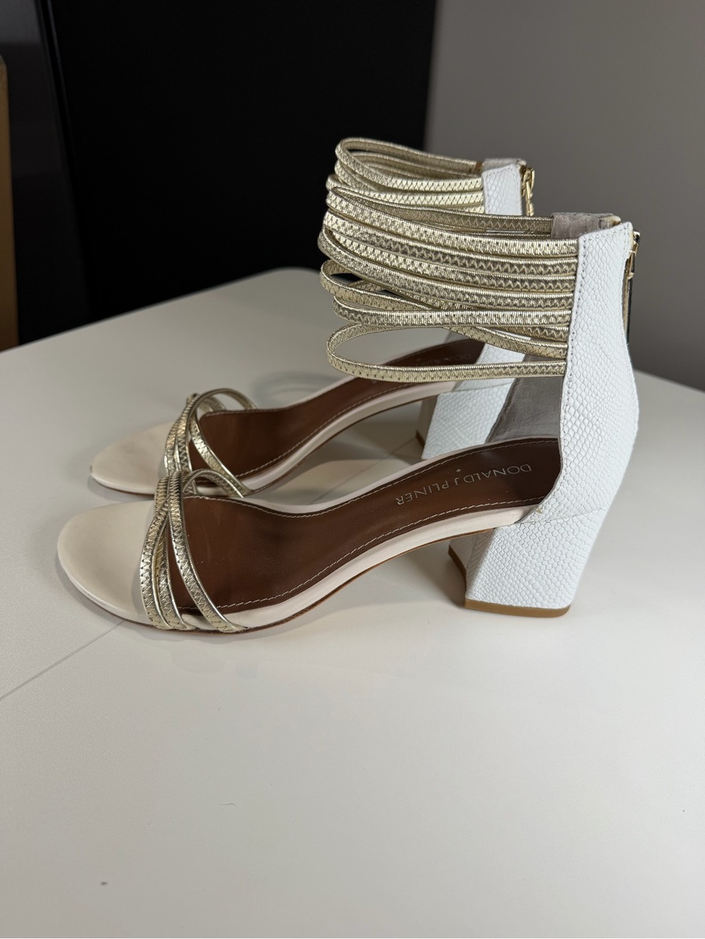 Donald J. Pliner Essie White and Gold Ankle Strap Block Heel Sandals